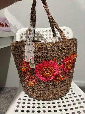 Handwoven Brown Straw Tote with Pink & Orange Floral Embellishments